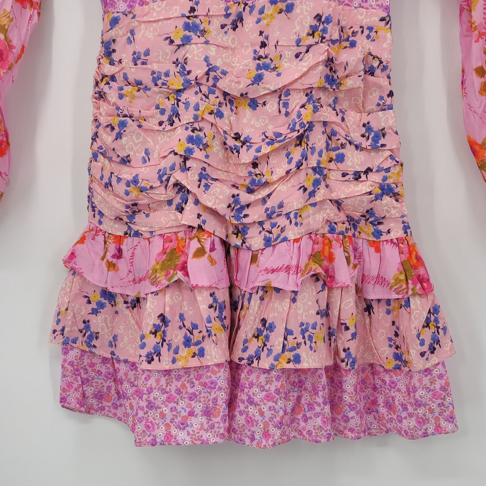 Patchwork Pink Floral Mini Dress Tiered Ruffle Balloon Sleeves  Boho Romantic XS - Picture 4 of 11